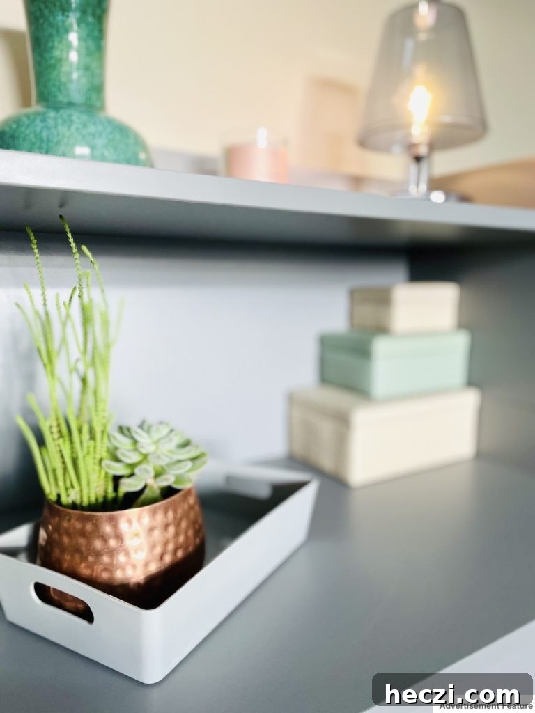 blue/grey cupboard in the bedroom with nesting storage boxes on the shelf and a storage tray with a plant