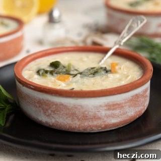 lemon chicken orzo soup in a ceramic bowl on a black plate with a silver spoon