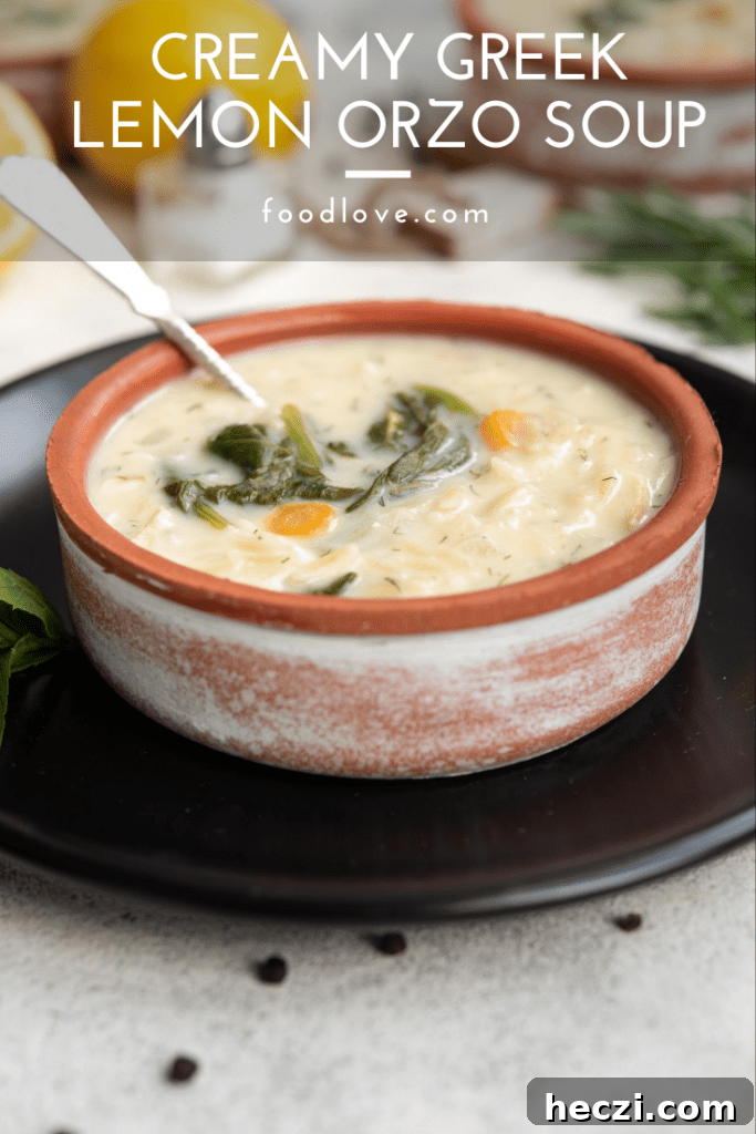 Pin for lemon chicken orzo soup recipe