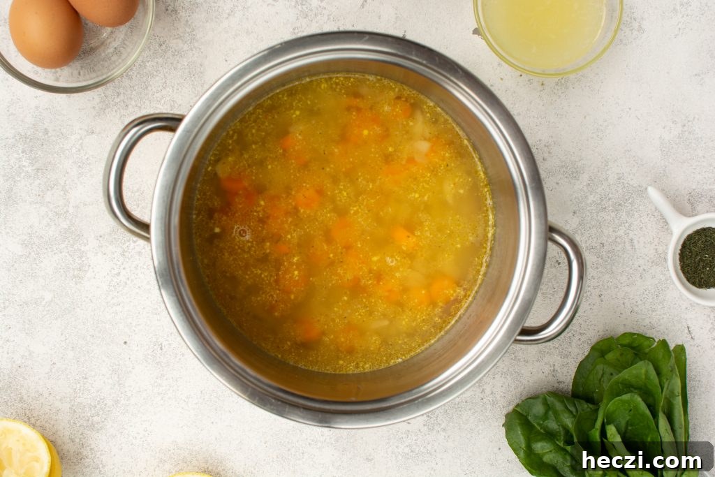 added broth to carrots and onions for chicken and orzo soup