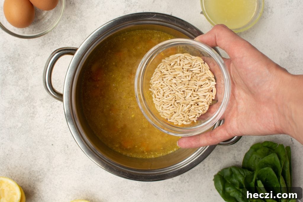 adding whole wheat orzo to a pot of greek lemon soup with chicken