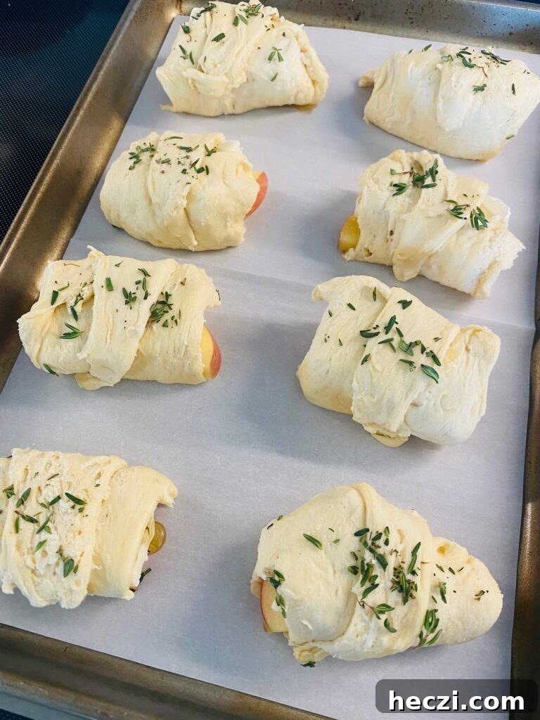 Crispy Apple and Brie Roll-Ups with Honey Dijon Dip 6 roll ups on a baking sheet before cooking