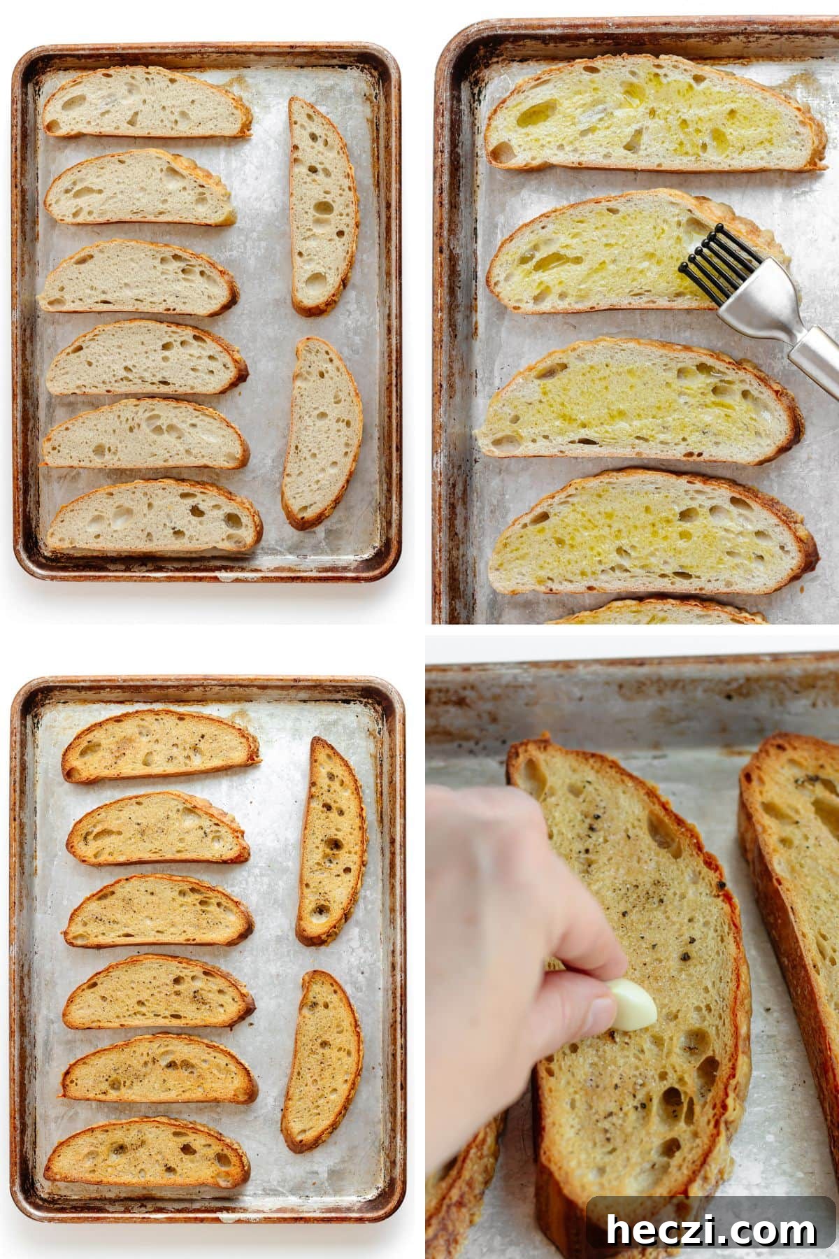 Photo collage showing bread being prepared for bruschetta.