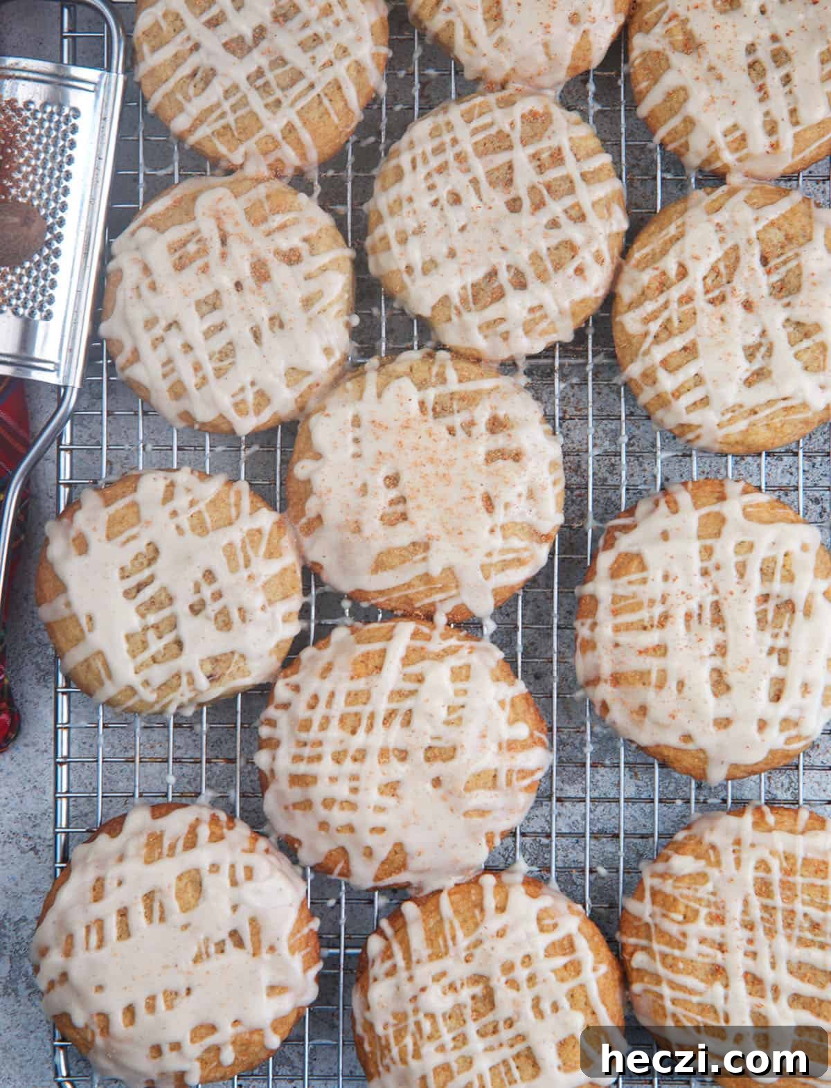 Chai-Spiced Eggnog Cookies Recipe for the Holidays 4 Eggnog cookies on a wire cooling rack.