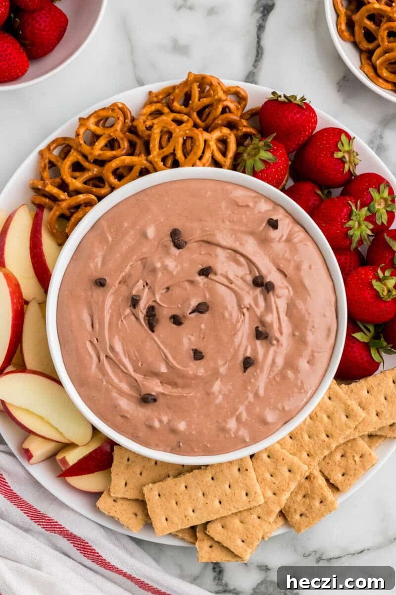 top-down view of the Brownie Batter Dip surrounded by dippers.