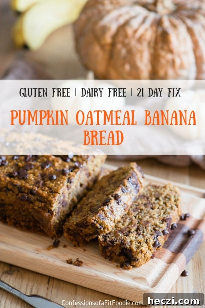 Healthy Banana Bread with a Festive Fall twist!  This 21 Day Fix Healthy Pumpkin Oatmeal Banana Bread is dairy, gluten, refined sugar free, oil free, and yet full of good for you fiber.  It's our family's new favorite pumpkin flavored treat! 21 Day Fix Pumpkin Bread | Gluten Free Pumpkin Bread | Dairy Free Gluten Free Pumpkin Bread | Oatmeal Pumpkin Bread | Chocolate Chip Pumpkin Bread | Pumpkin Banana Bread | Pumpkin Oatmeal #21dayfixpumpkinrecipes #glutenfreepumpkinrecipes #confessionsofafitfoodie #dairyfreepumpkinbread