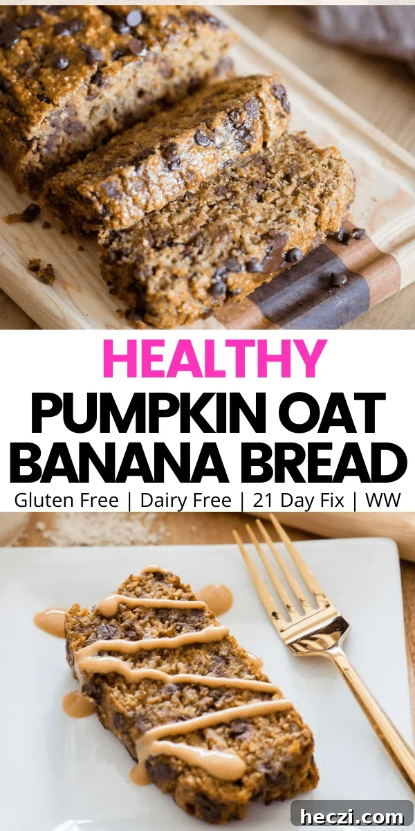 Pinterest image with text overlay for gluten and dairy free healthy pumpkin oat banana bread