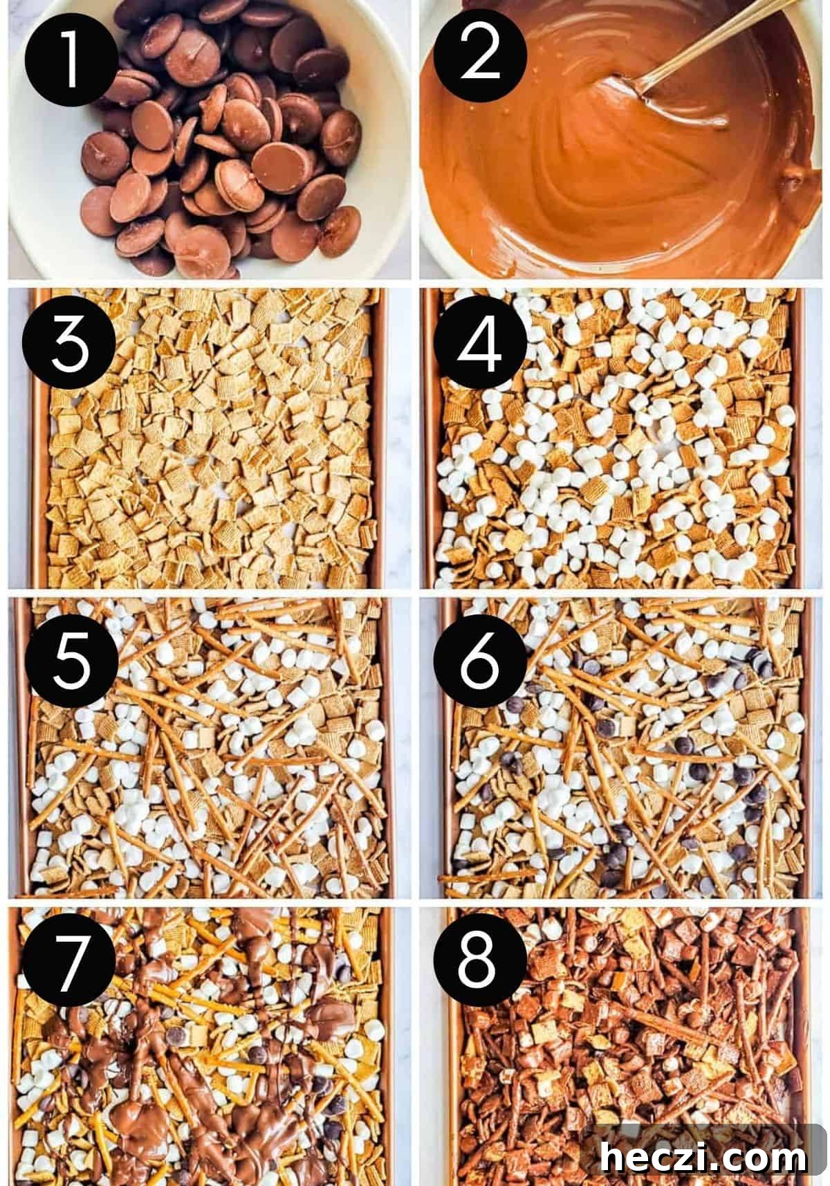 Prep image collage with numbers showing how to make snack mix.