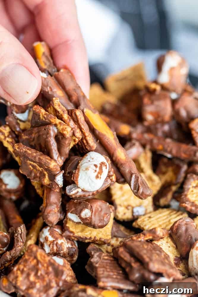 Hand picking up s'mores trail mix out of bowl.