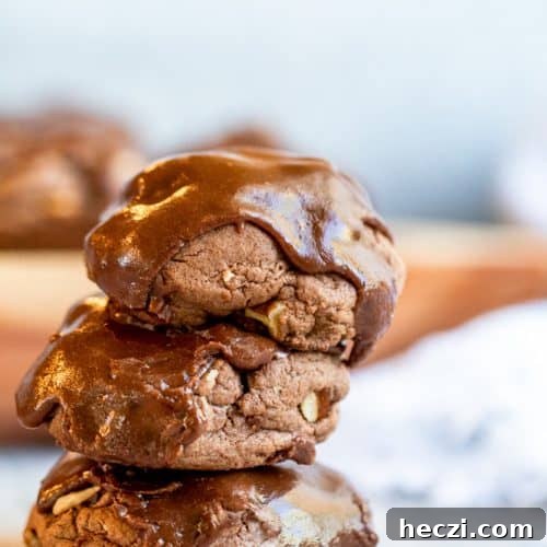 Stack of three chocolate cookies on counter.