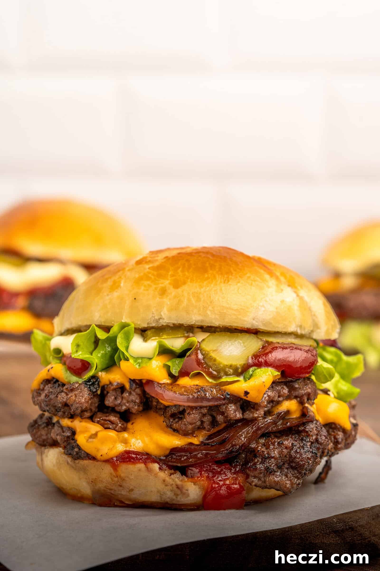 How to Make a Crispy Smash Burger at Home 2 A close-up of a cheeseburger with two beef patties, melted cheddar cheese, lettuce, pickles, onions, ketchup, and mayonnaise in a shiny brioche bun. Two more burgers are blurred in the background.