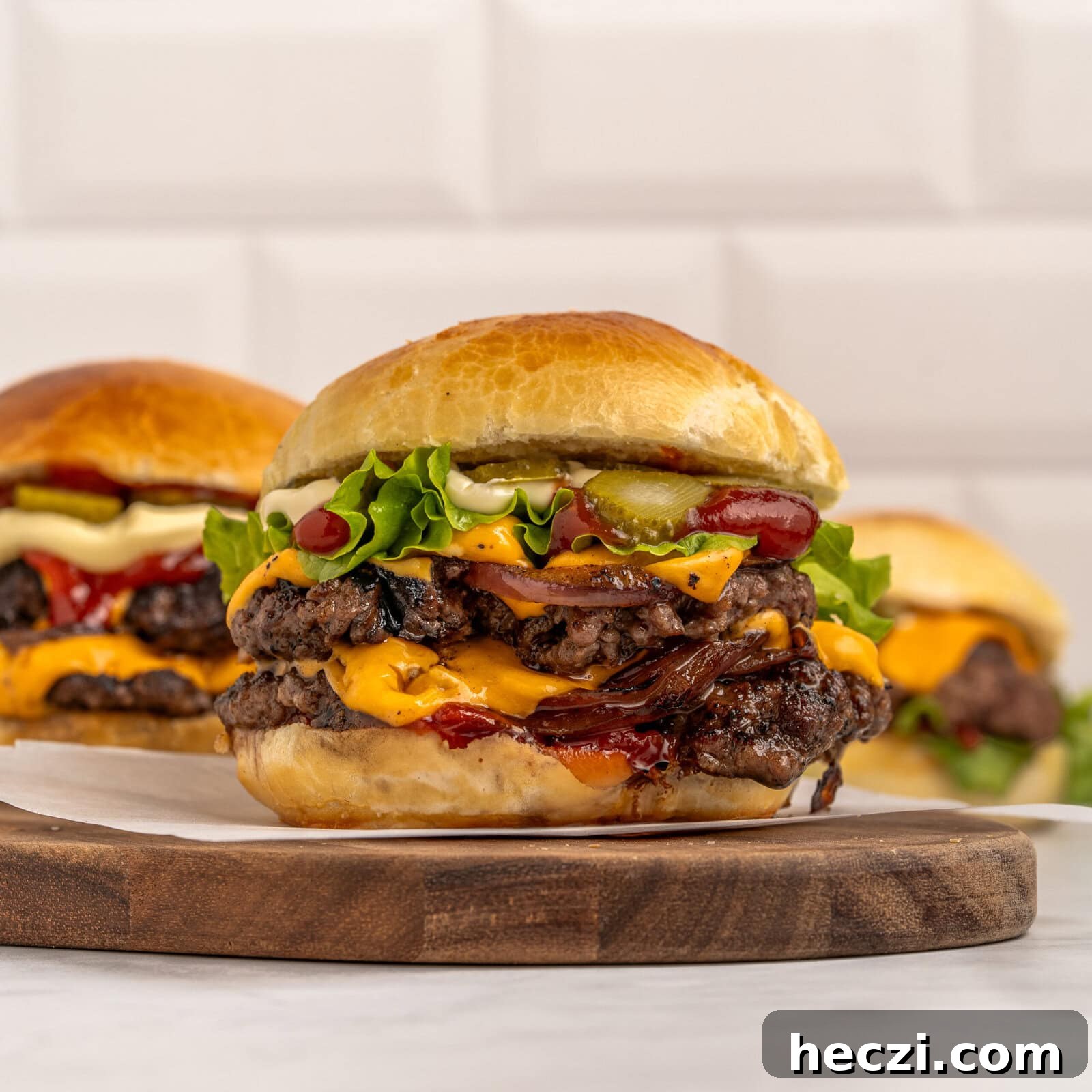 How to Make a Crispy Smash Burger at Home 4 A double cheeseburger with lettuce, tomato, pickles, onions, and melted cheese on a brioche bun, placed on a wooden board, with two more burgers blurred in the background.