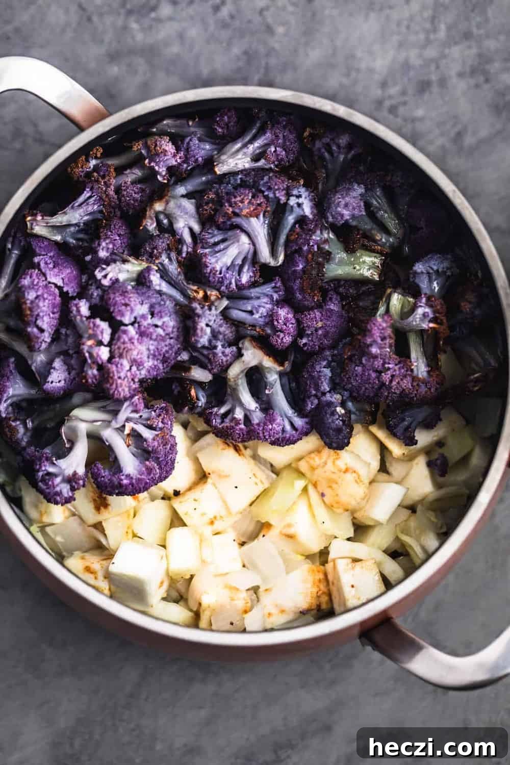 In process shot with roasted cauliflower added to soup pot with all the other ingredients.