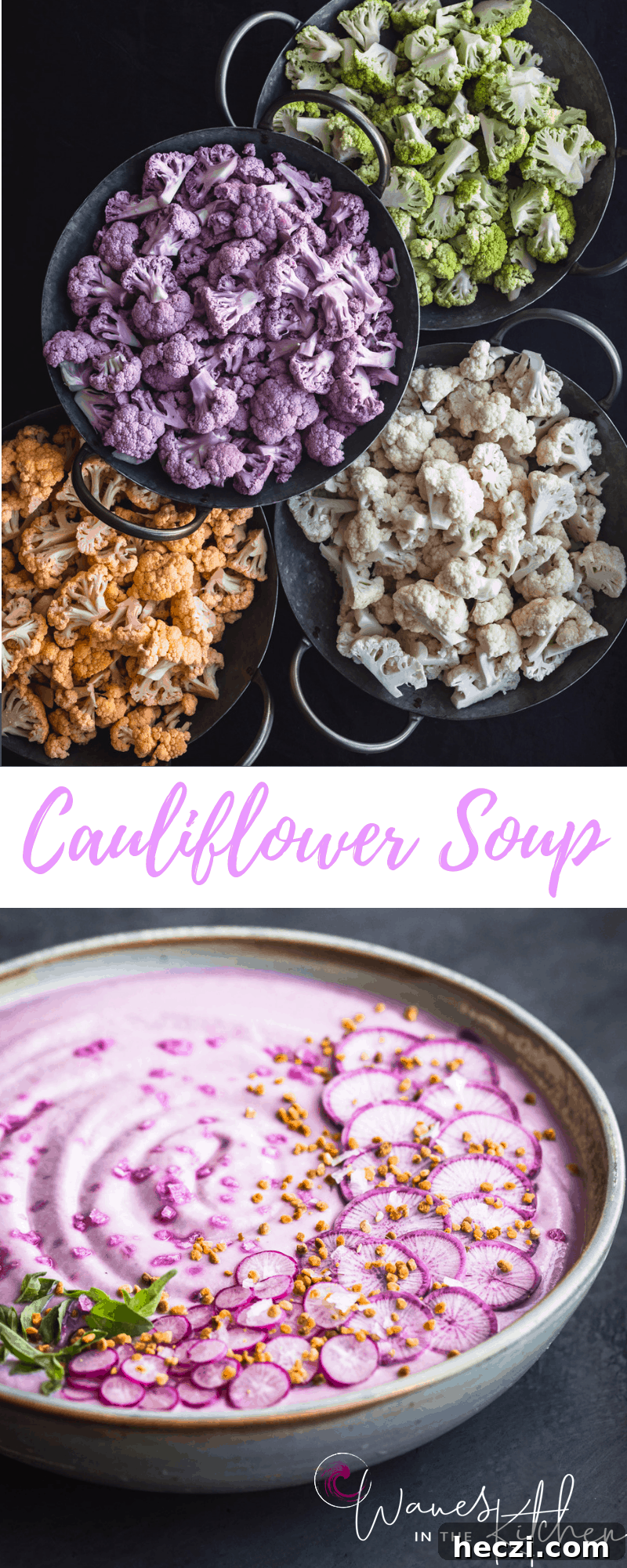 Yellow/Orange, Purple, White, and Green Cauliflower on top and the finished roasted purple cauliflower soup on the bottom.