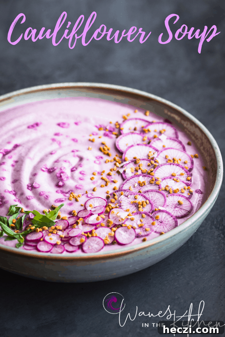 Roasted Purple Cauliflower Soup with Sliced Purple and Pink Radishes, tiny basil leaves, Bee Pollen and Flaky Sea Salt. Side angle shot, left side cut off, on a dark grey white/light blue background.