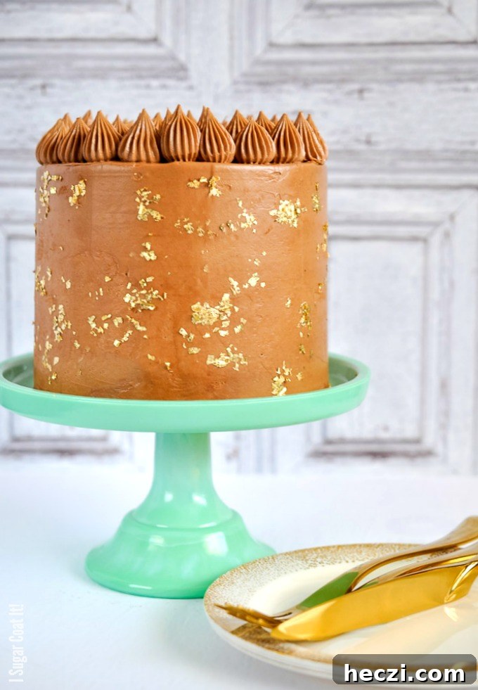 Hazelnut Gianduja Cherry Cake with six decadent layers of morello cherry chocolate cake and hazelnut gianduja swiss meringue buttercream.