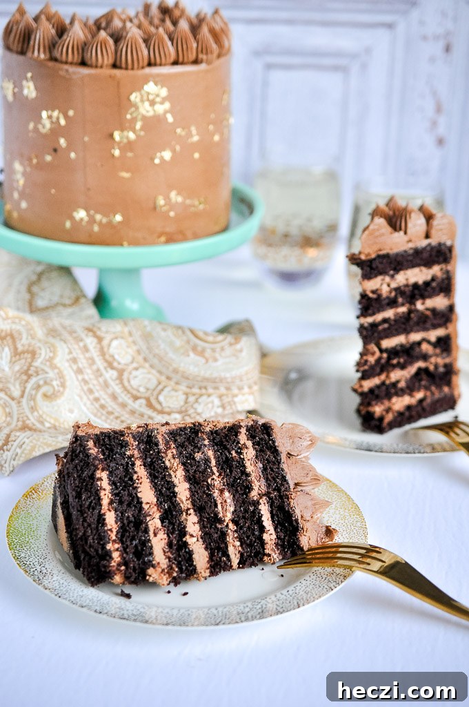 Hazelnut Gianduja Cherry Cake with six decadent layers of morello cherry chocolate cake and hazelnut gianduja swiss meringue buttercream.