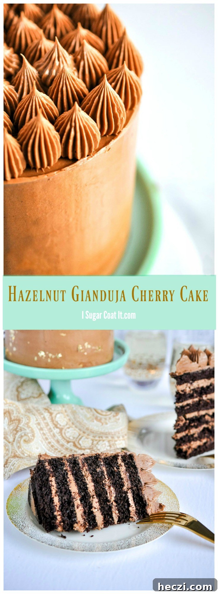 Hazelnut Gianduja Cherry Cake with six decadent layers of morello cherry chocolate cake and hazelnut gianduja swiss meringue buttercream.