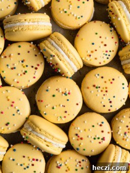 Yellow Macarons with rainbow sprinkles: How to make macarons; a guide to perfect macarons every time