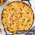 Creamy Crawfish Fettuccine with Garlic and Parmesan 15 overhead close up of a skillet of crawfish fettuccine