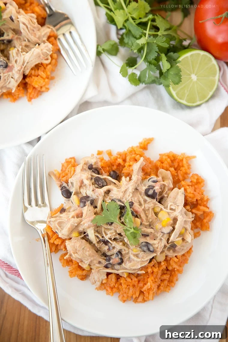 Slow Cooker Creamy Fiesta Chicken is such a simple, flavorful crock pot recipe! It is a tasty crock pot meal made with pantry staples! crock pot chicken over spanish rice on plate