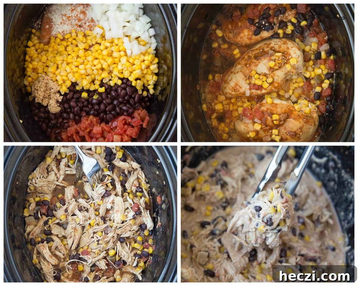 Slow Cooker Creamy Fiesta Chicken is such a simple, flavorful crock pot recipe! It is a tasty crock pot meal made with pantry staples! crock pots filled with chicken and ingredients during various stages of cooking