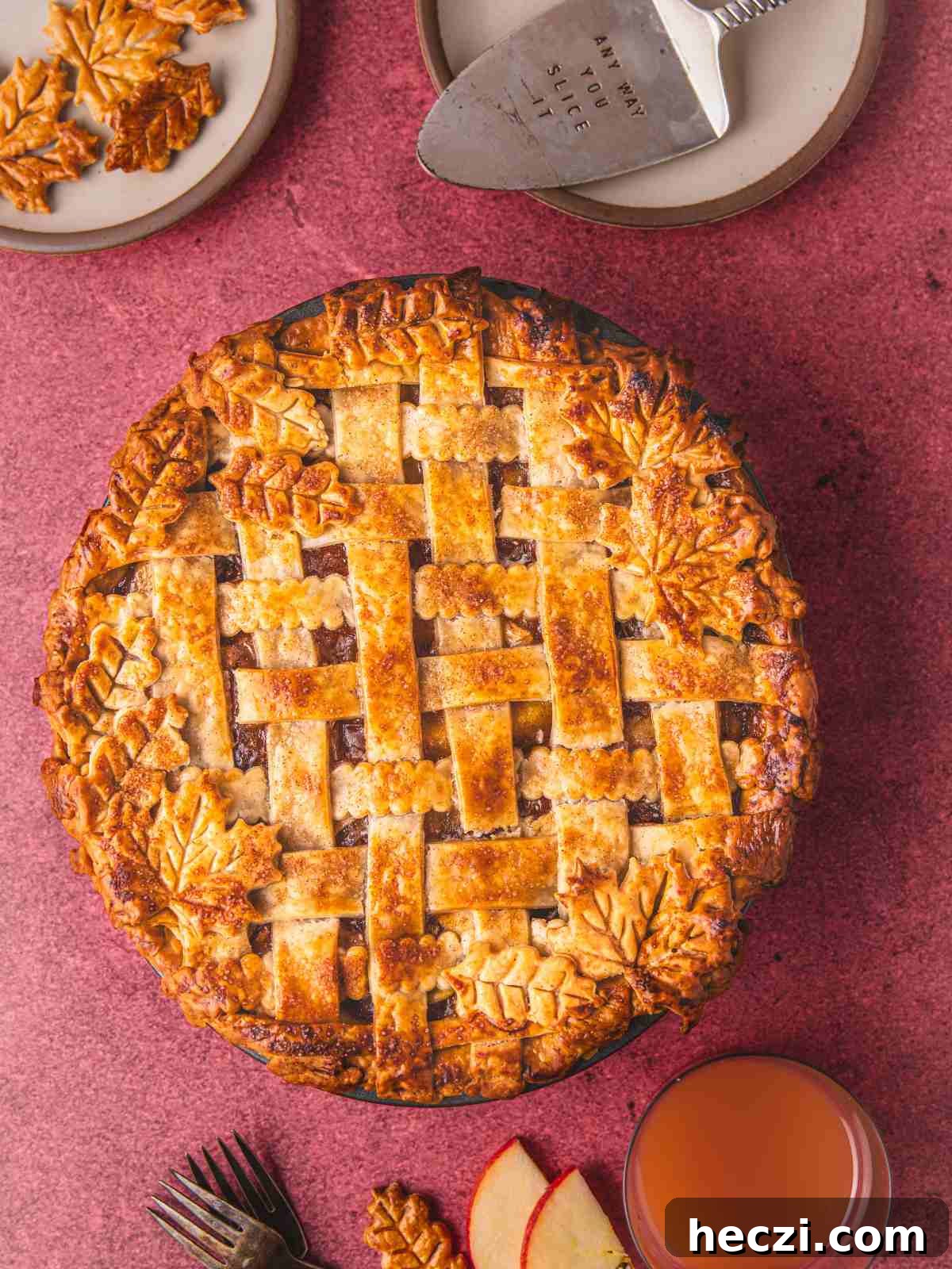 apple pie with canned filling on a flat surface.