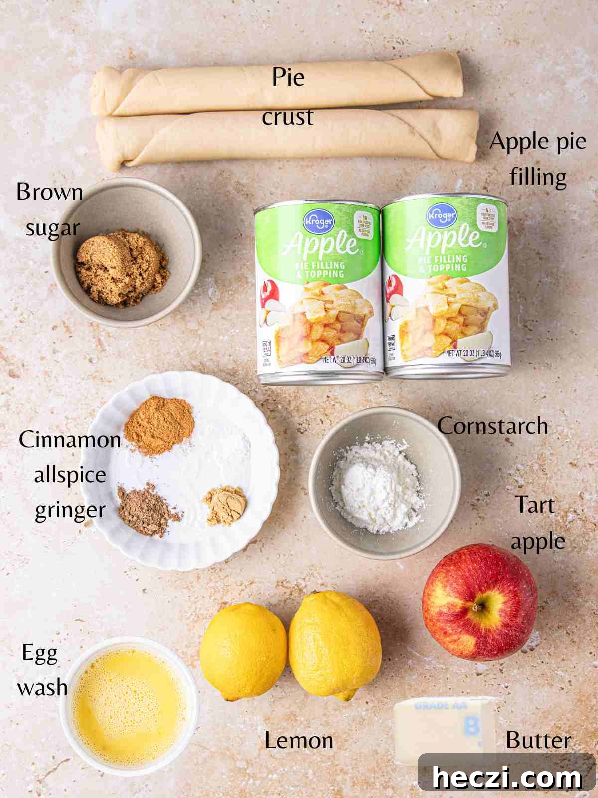 Ingredients needed to make the apple pie with canned filling.