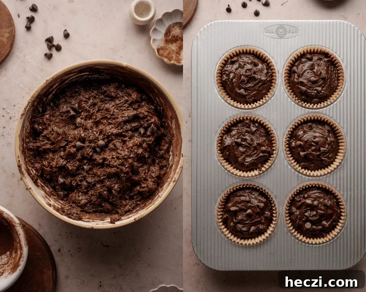 Side-by-side image of batter mixed for chocolate muffins then poured into jumbo muffin tins lined with parchment paper liners.