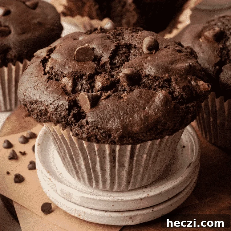 Costco-Style Double Chocolate Muffins Recipe (Copycat) 13 Featured image Aerial shot of the top of oversized, jumbo chocolate muffin on wood board with remaining muffins surrounding it.