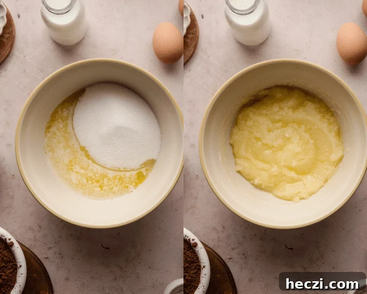 Side-by-side image adding the melted butter and sugar then to a bowl then mixing together before adding the rest of the wet ingredients.