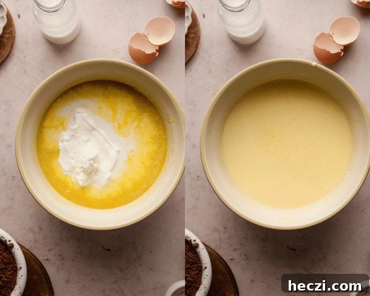 Side-by-side image showing mixing the sour cream and eggs to the butter and sugar then combining the rest of wet ingredients and stirring to combine.