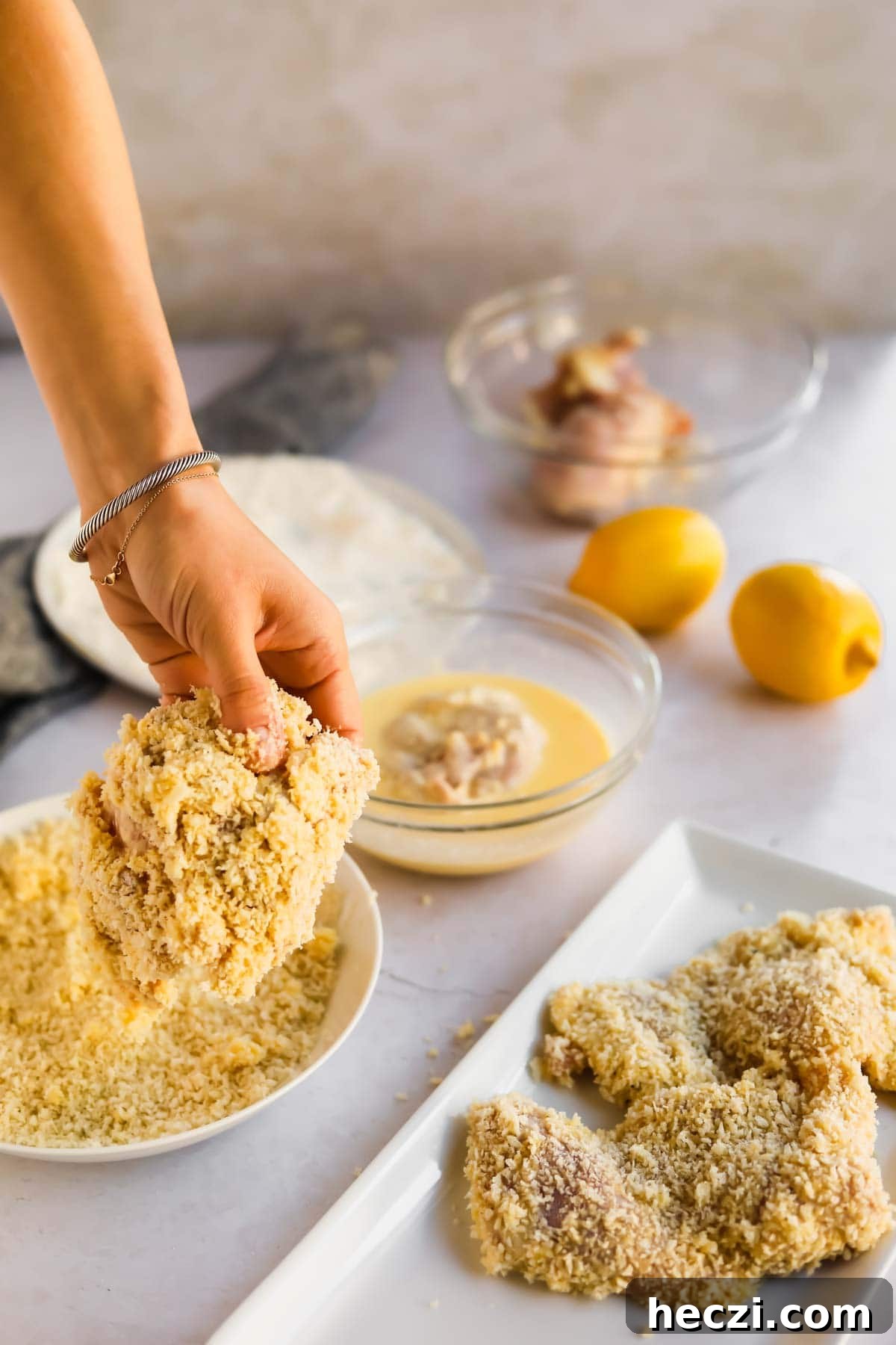 Japanese Chicken Katsu Curry Recipe — Crispy Cutlet with Rich Curry 10 Chicken dipped in batter and panic being placed on plate.
