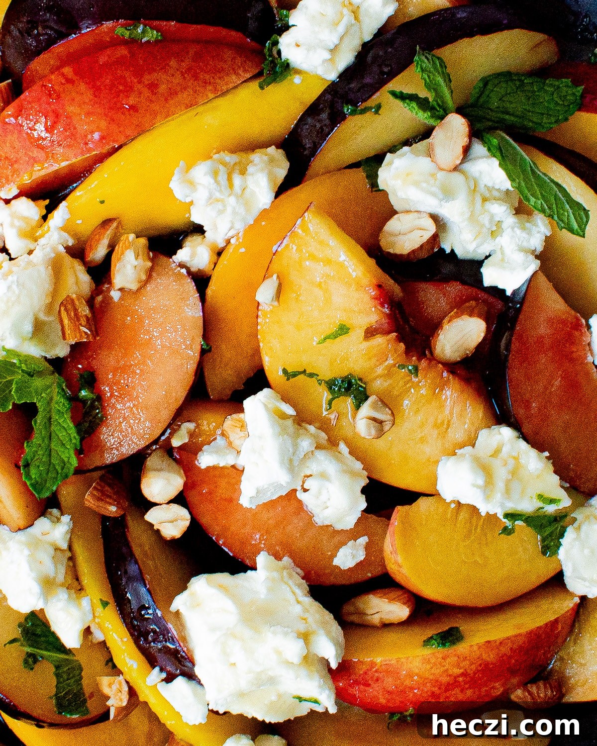 Stone Fruit Salad with Goat Cheese and Honey-Lemon Vinaigrette Recipe 4 close up of stone fruit salad on a plate