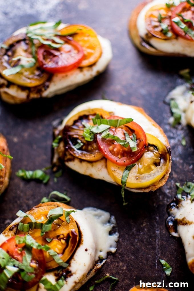 Caprese Crostini Recipe: Fresh Tomato, Basil & Mozzarella Bites 5 close-up of balsamic Caprese crostini appetizer