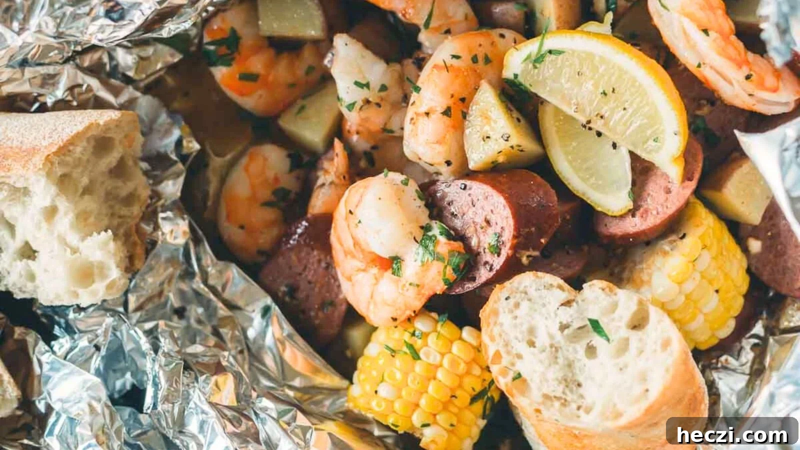 Shrimp boil foil packets opened to reveal shrimp, corn, potatoes, and sausage steaming hot.