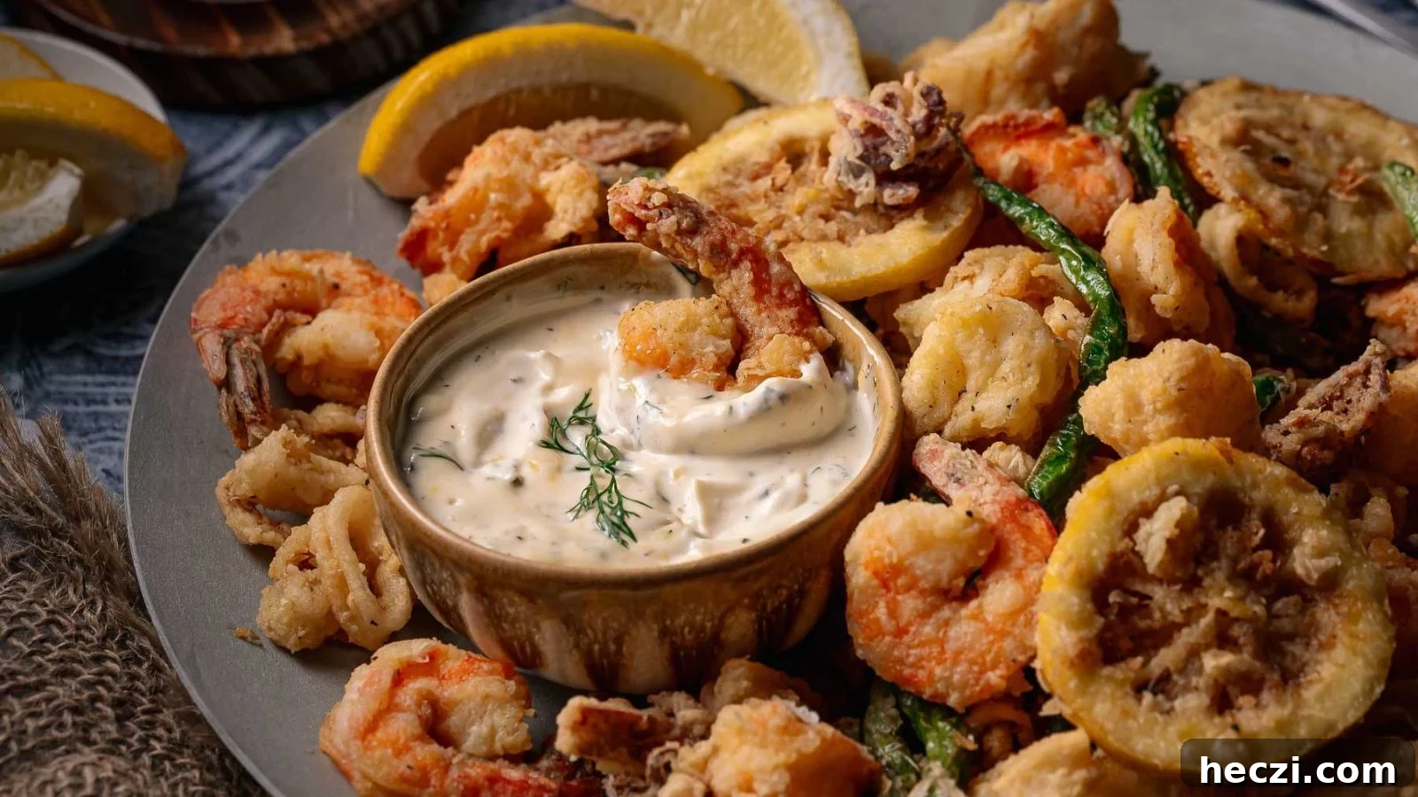 Crispy fritto misto with shrimp and vegetables served with lemon dill tartar sauce.
