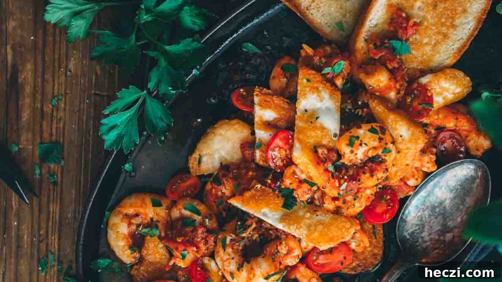 Shrimp saganaki simmering in tomato sauce with crispy fried halloumi on top.