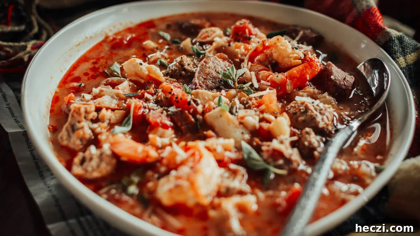 Fisherman’s stew filled with seafood, tomatoes, and herbs served hot in a rustic bowl.