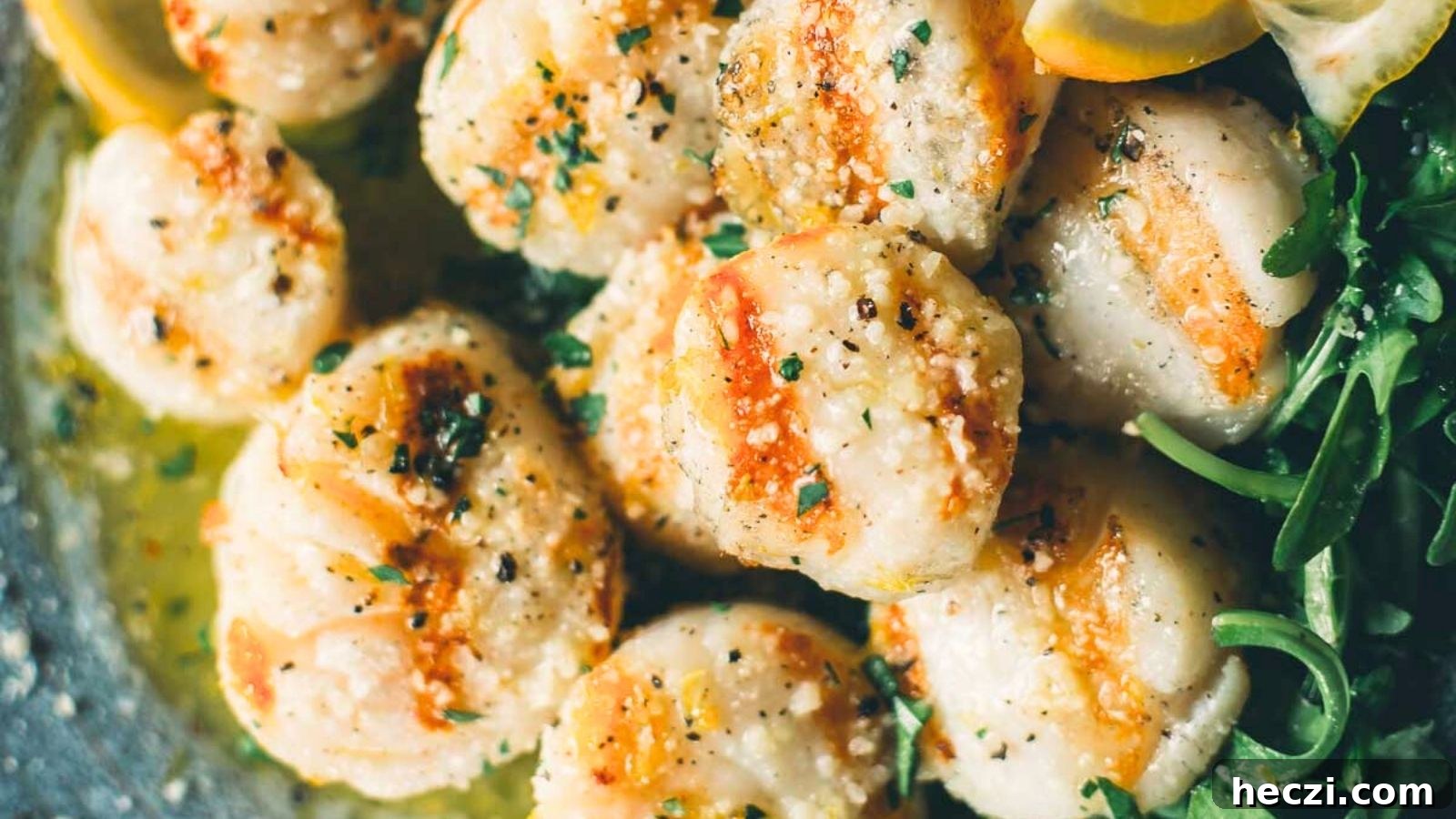 Grilled scallops with parmesan and lemon showing browned tops and fresh zest sprinkled over.