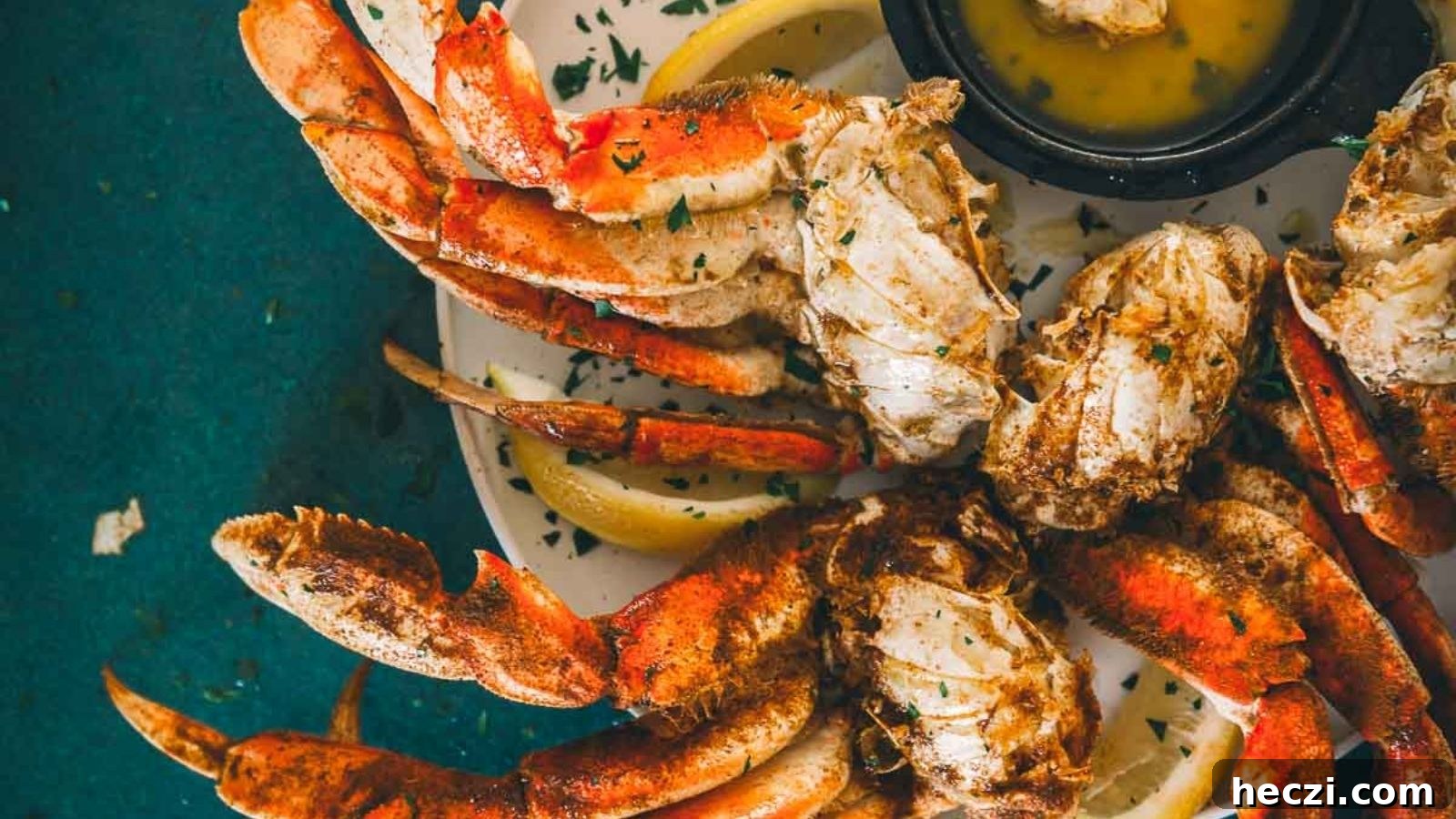 Steamed Dungeness crab legs stacked high beside melted garlic butter for dipping.