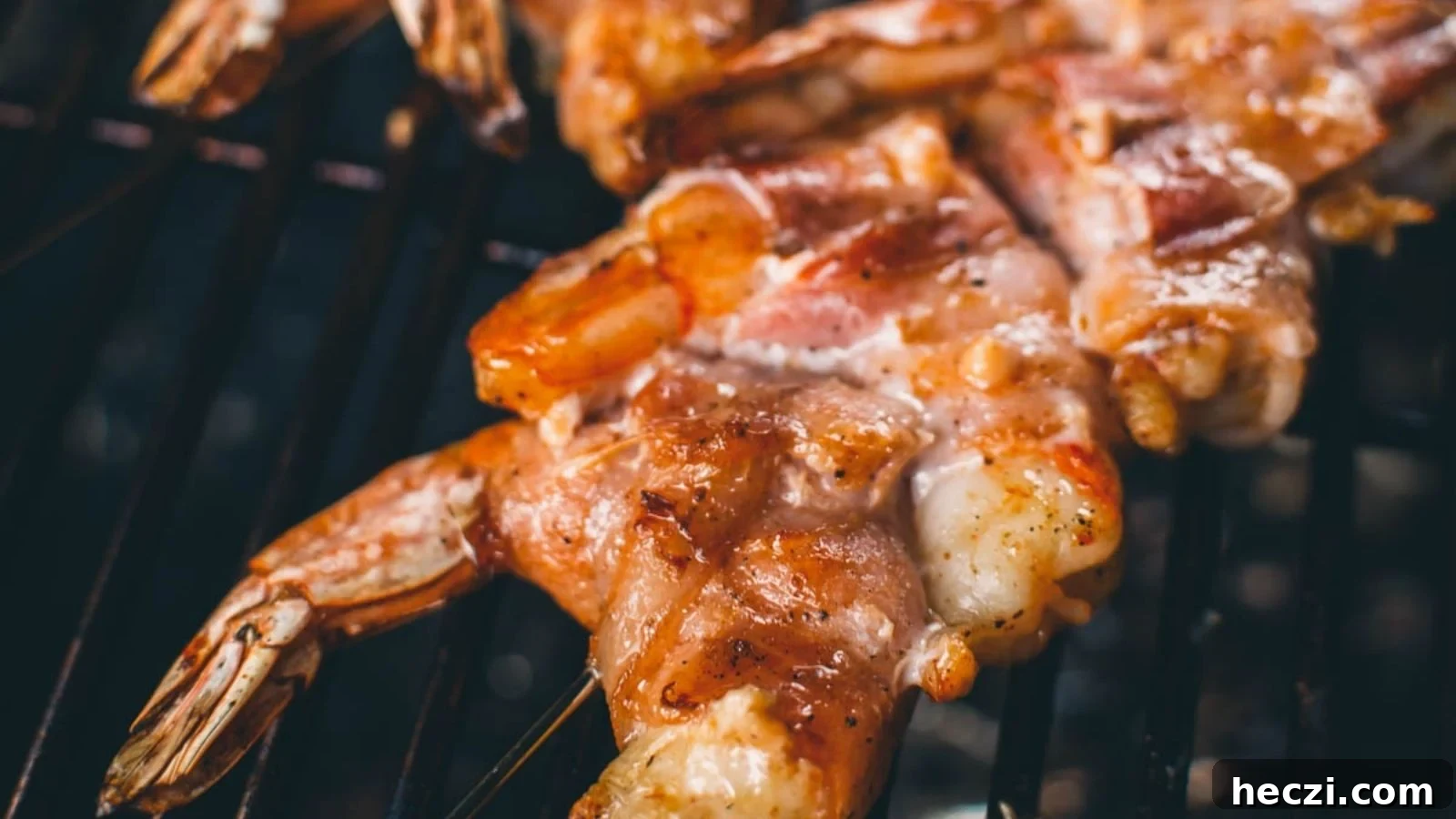 Grilled bacon-wrapped shrimp with crisped bacon exterior plated next to dipping sauce.