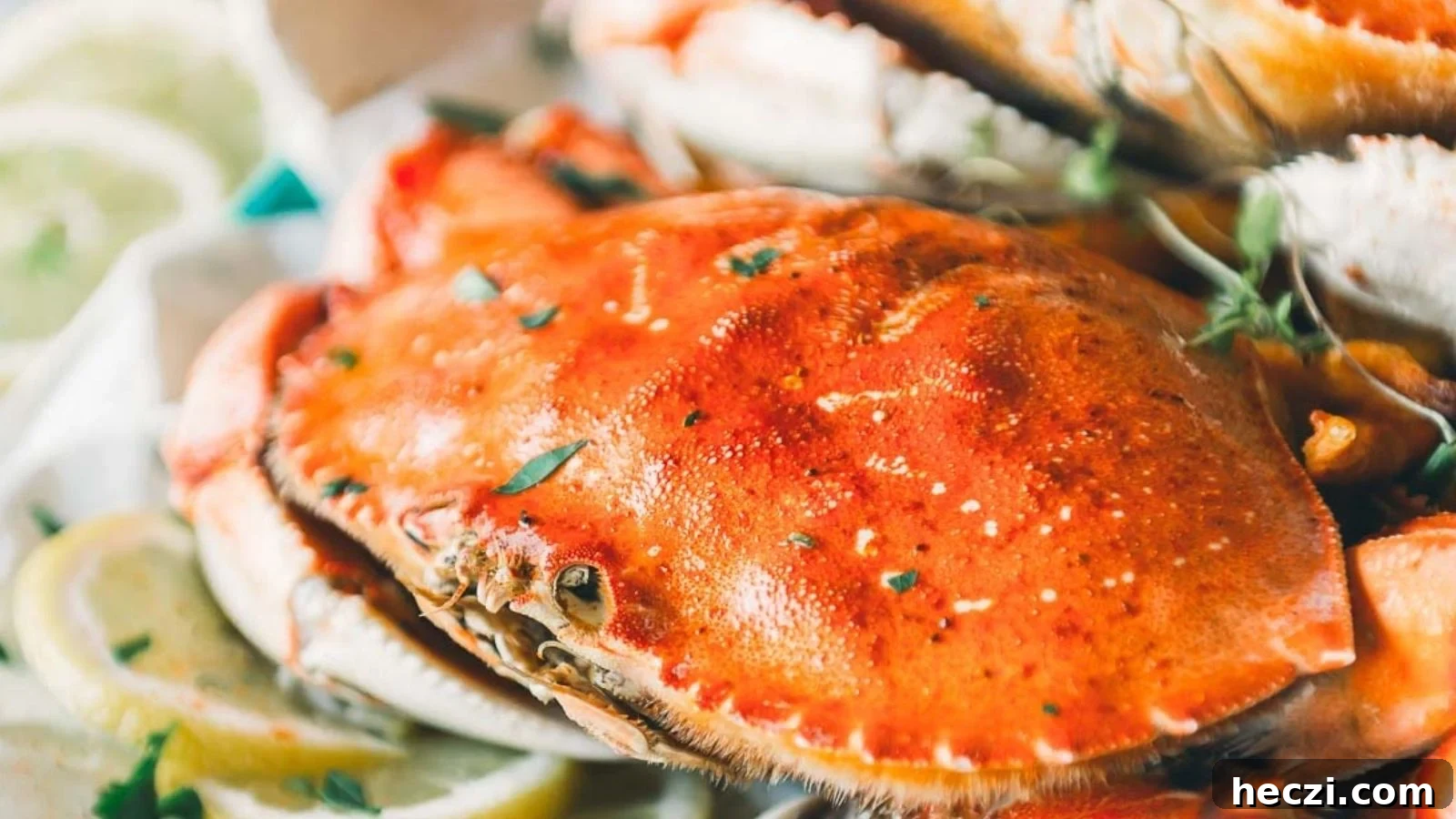 Steamed whole Dungeness crab cracked open with bright orange shell served beside melted butter.