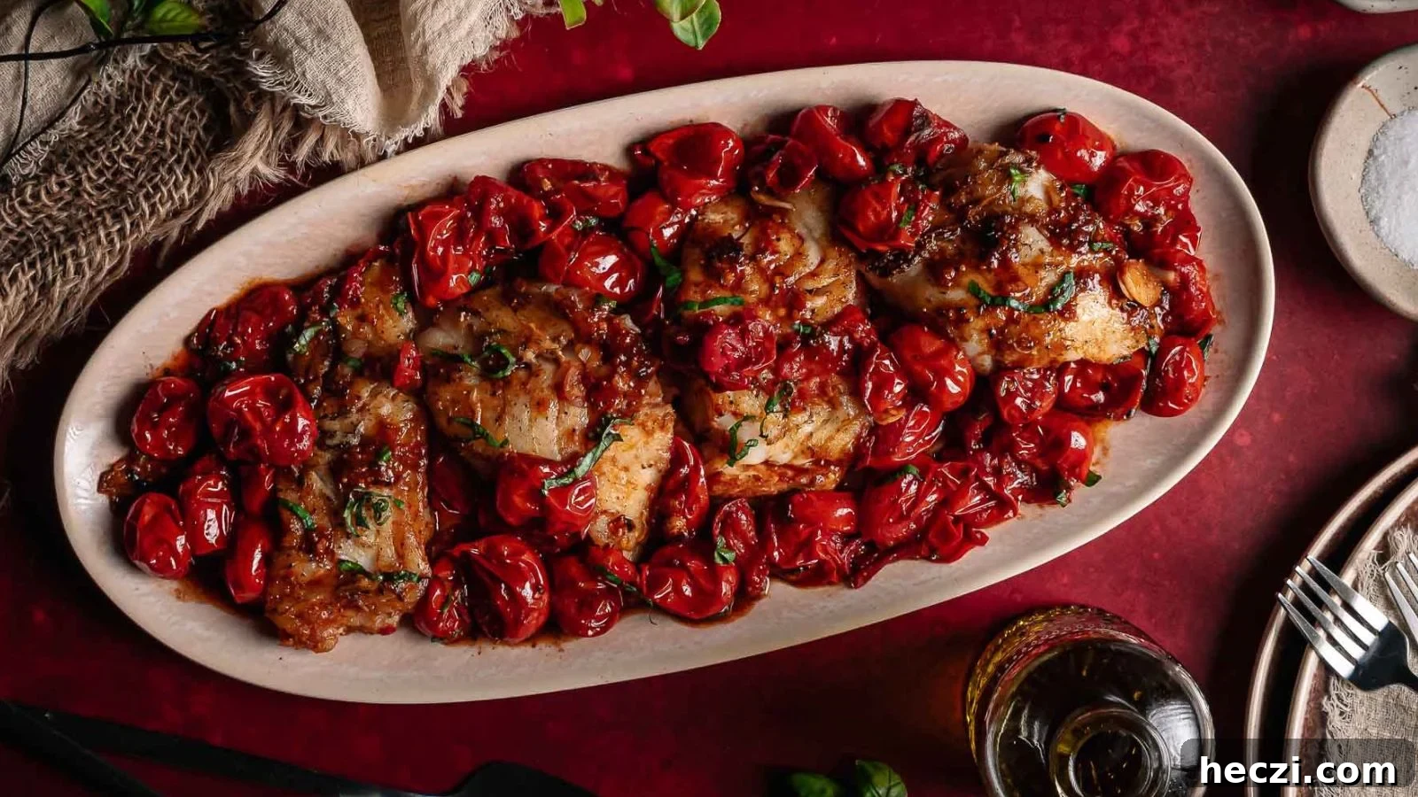 Pan-seared cod fillet topped with blistered cherry tomatoes and herbs on a clean white plate.