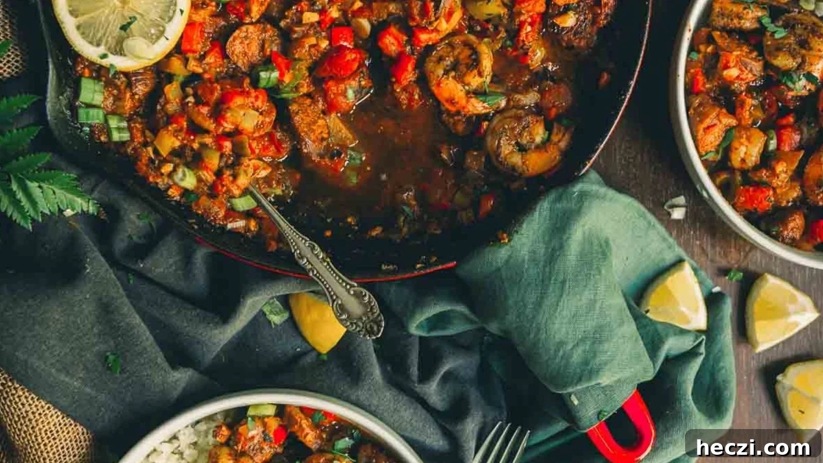Shrimp creole simmering in spicy tomato sauce with vegetables and herbs visible throughout.