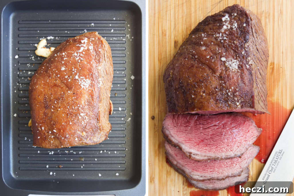 Perfect Picanha Roast Recipe for Juicy, Crispy Crust 7 collage of two images showing a Picanha Roast in a roasting pan after roasting and a close up of the roast after slicing on a wooden cutting board
