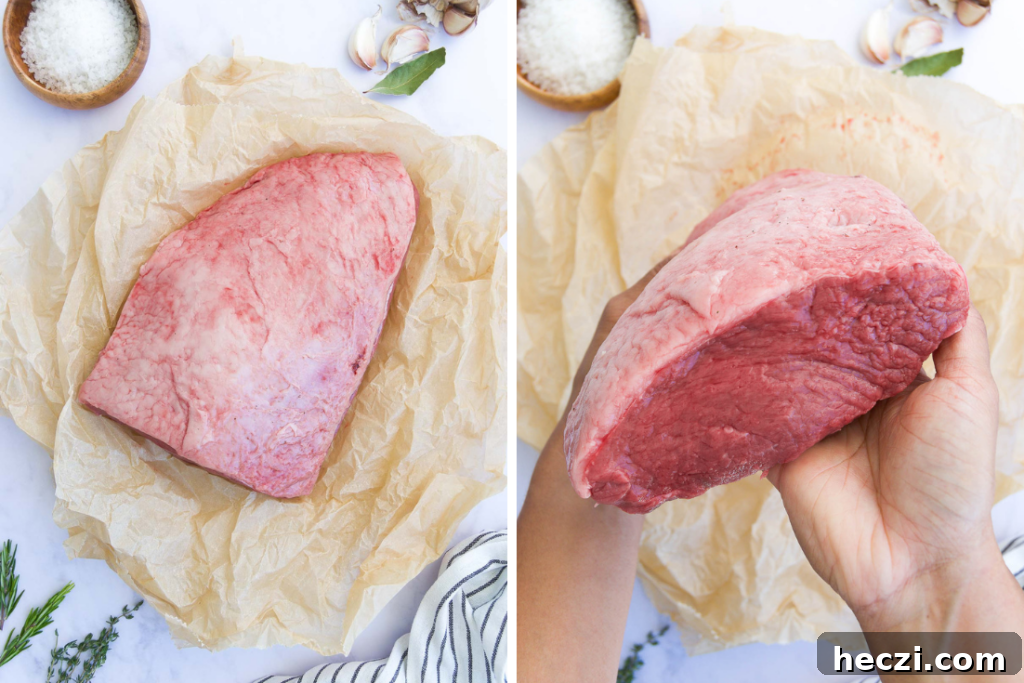 Perfect Picanha Roast Recipe for Juicy, Crispy Crust 3 collage of two images showing the raw Picanha Roast on parchment paper and the roast from the side