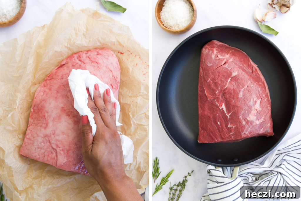 Perfect Picanha Roast Recipe for Juicy, Crispy Crust 4 collage of two images showing how to pat down the roast and how to place it in a cold skillet