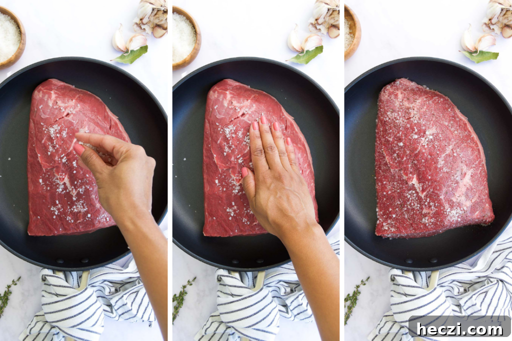 Perfect Picanha Roast Recipe for Juicy, Crispy Crust 5 a hand seasons a Picanha Roast in a skillet with black pepper and salt in three images