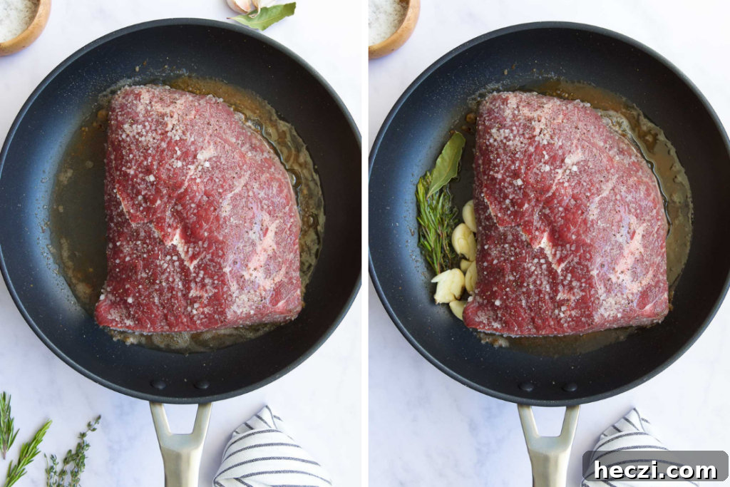 Perfect Picanha Roast Recipe for Juicy, Crispy Crust 6 a collage of two images showing a Picanha Roast in its rendered fat and then the roast surrounded by aromatics and herbs in the same skillet